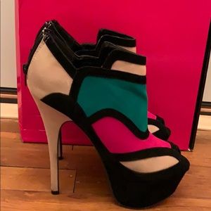 Multi colored faux suede peep toe booties